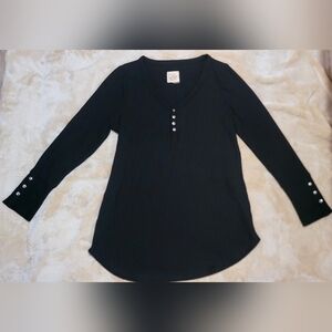 Chaser Waffle Knit Thermal LS Curved Hem Buttons Top Women's Size XL Black